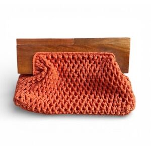 A New Day Orange Macrame Clutch with Wooden Frame | Boho Y2K Summer Bag